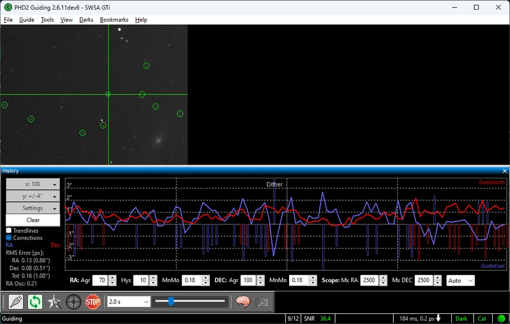 Courbe de guidage PHD2 avec oscillations importantes, RMS total 1,00 seconde d'arc